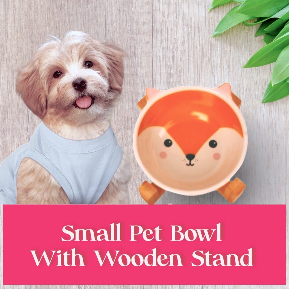 NWT, Small Ceramic Fox Pet Bowl w/Wooden Stand: For Food or Water